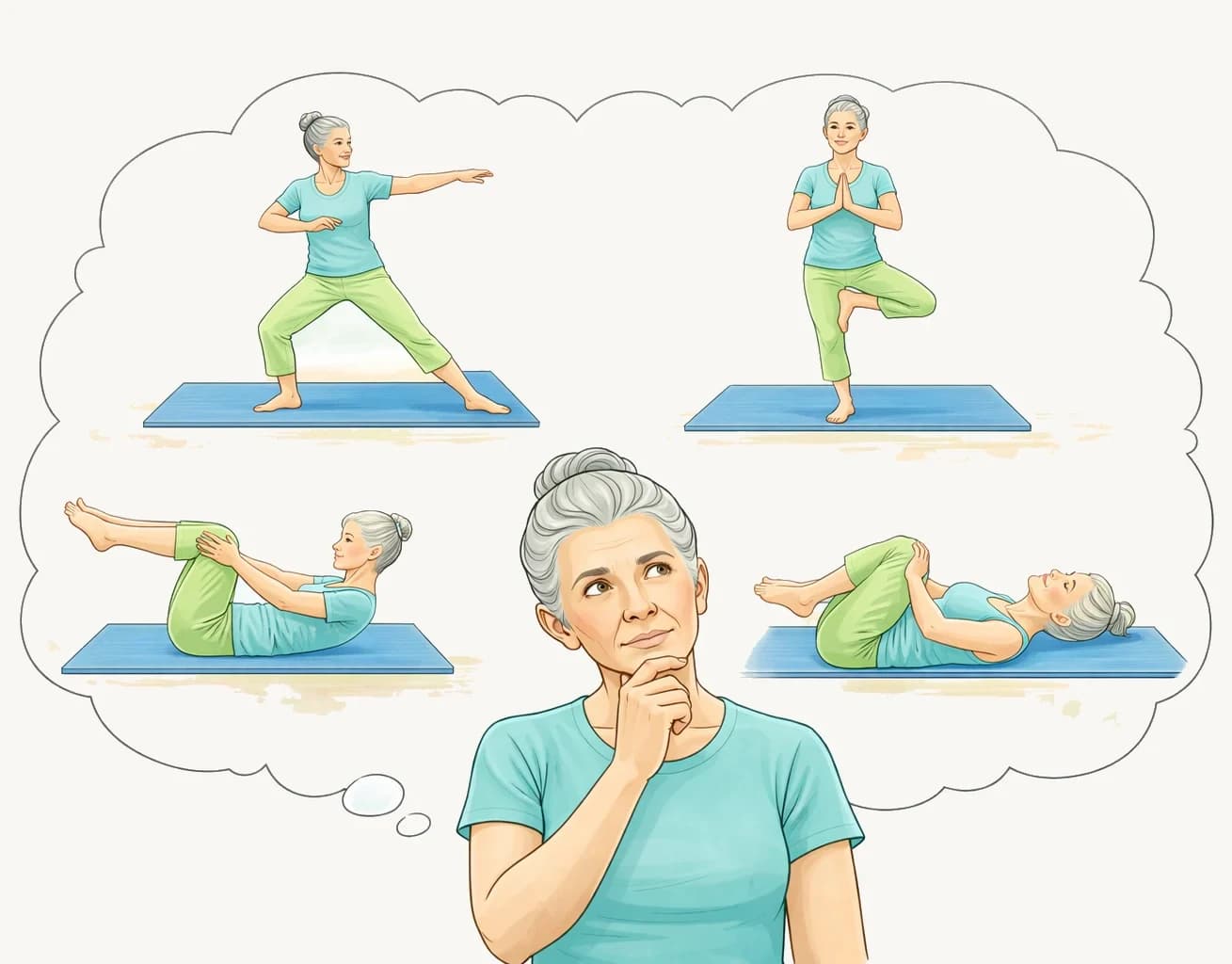 Woman thinking about five movement methods: Feldenkrais, Alexander Technique, Yoga, Pilates, and Tai Chi