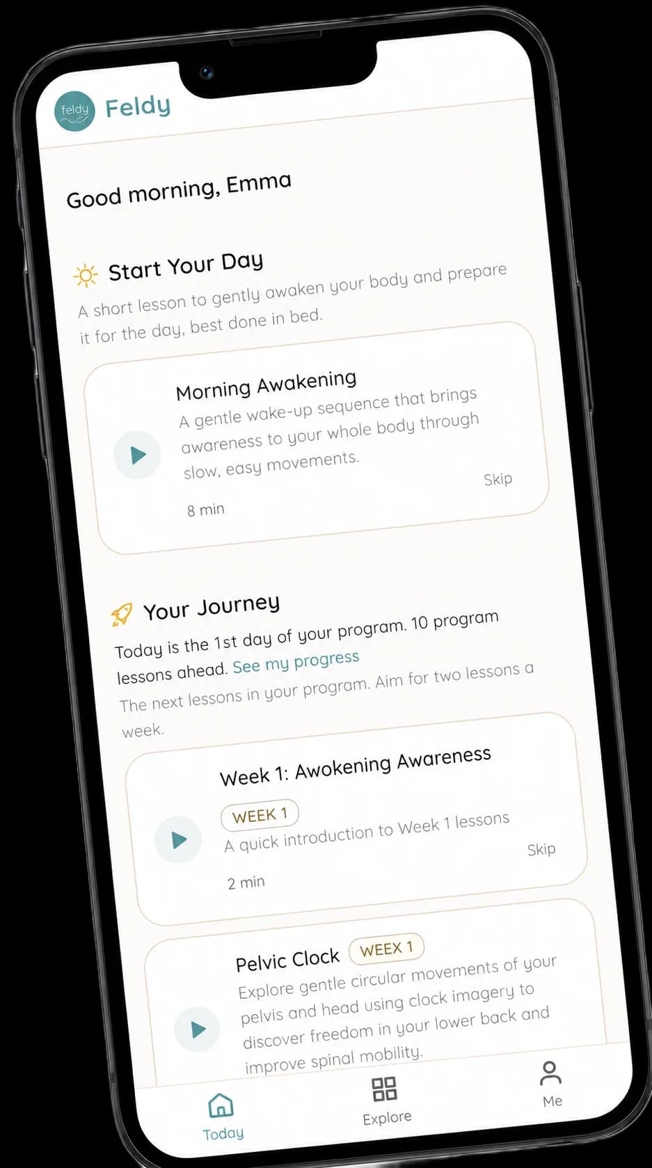 The Feldy app on a phone, showing today's lesson and your movement journey