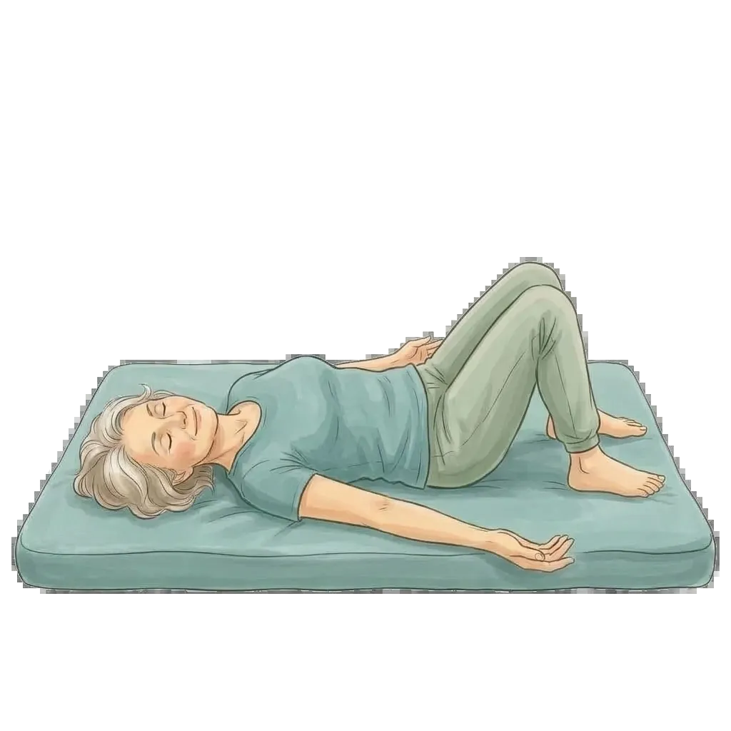 Woman resting on a mat with knees bent, deeply relaxed