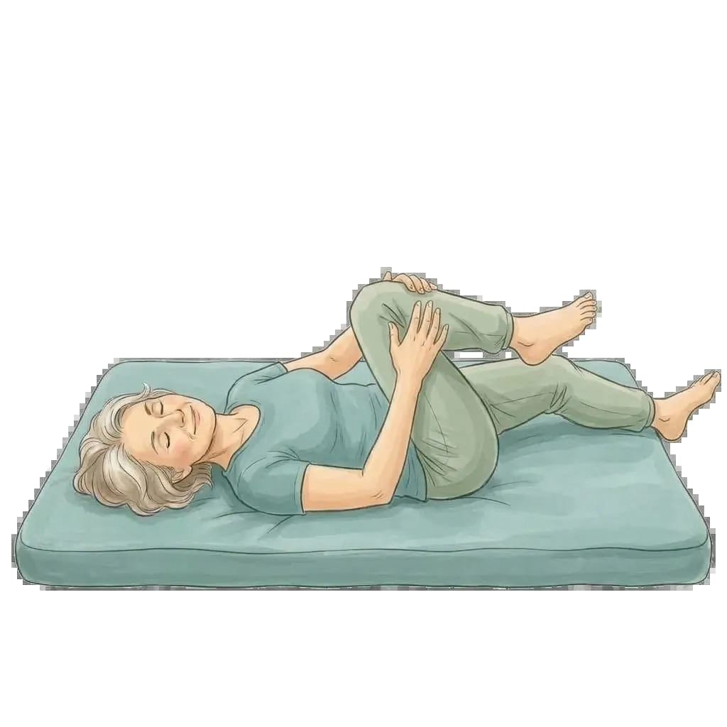 Woman lying on a mat drawing one knee gently toward her chest