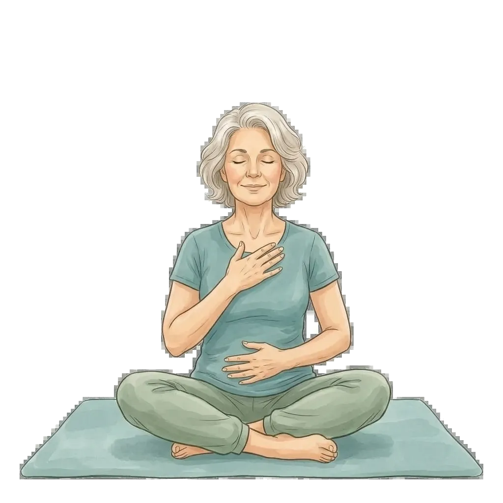 Woman seated with hands on chest and belly in a calming moment
