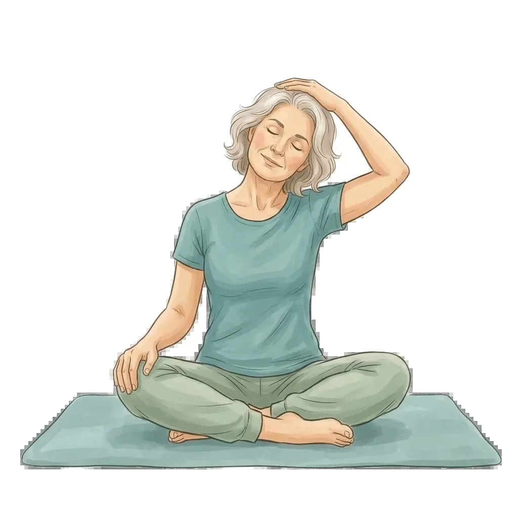 Woman seated on a mat in a gentle neck and shoulder release