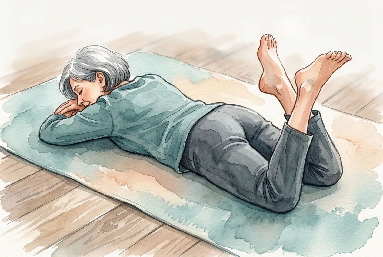 The lying down sorting test for how to fix duck feet posture: a woman lying on her front with her knees bent to a right angle and her feet in the air, ready to let them fall outward and inward