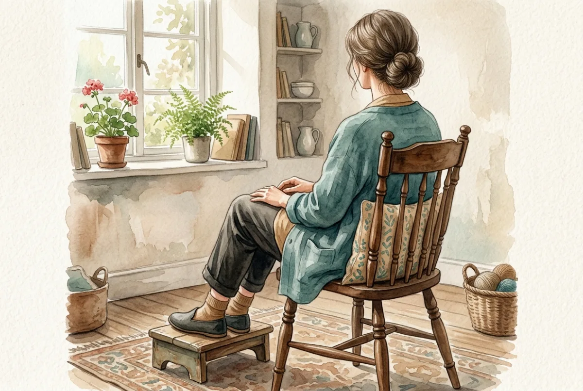 A woman sitting on the front half of a chair with a cushion under her hips, feet resting on a low footrest, and a rolled towel at the chair back