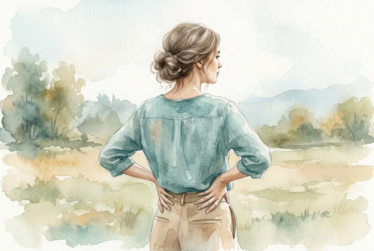 Seen from behind, a woman stands with her hands resting on the top rim of her hip bones at waist level