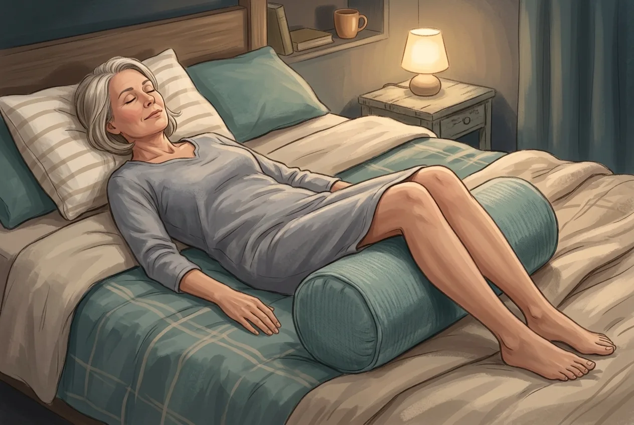 Woman lying on her back in bed with a bolster supporting her bent knees, lower back settled into the mattress