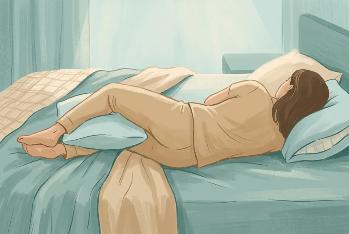 A woman lying on her side in bed with a firm pillow between her knees and lower thighs, keeping the top leg level with the hip