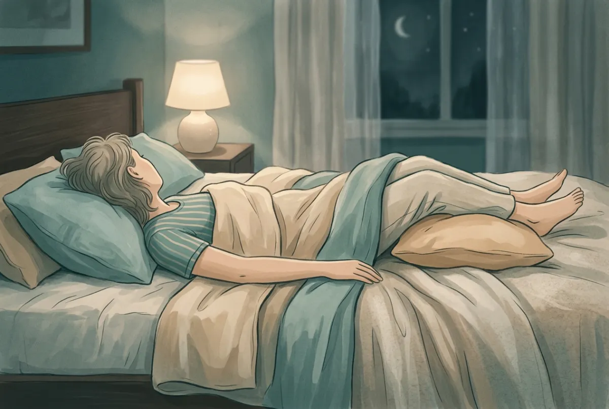 A person lying on their back in bed with a pillow under the knees and the head resting level with the spine