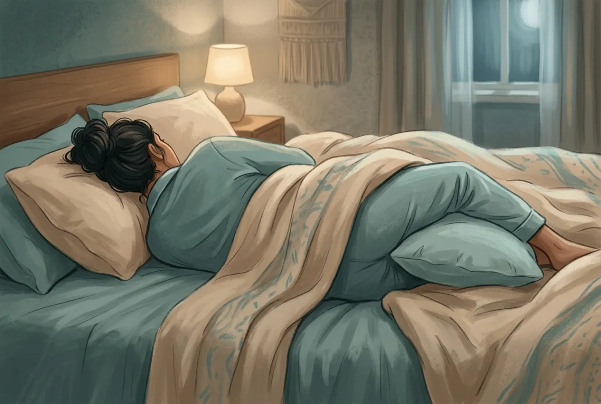 A person lying on their side in bed, seen from behind, with a pillow between the knees and the head supported level with the spine